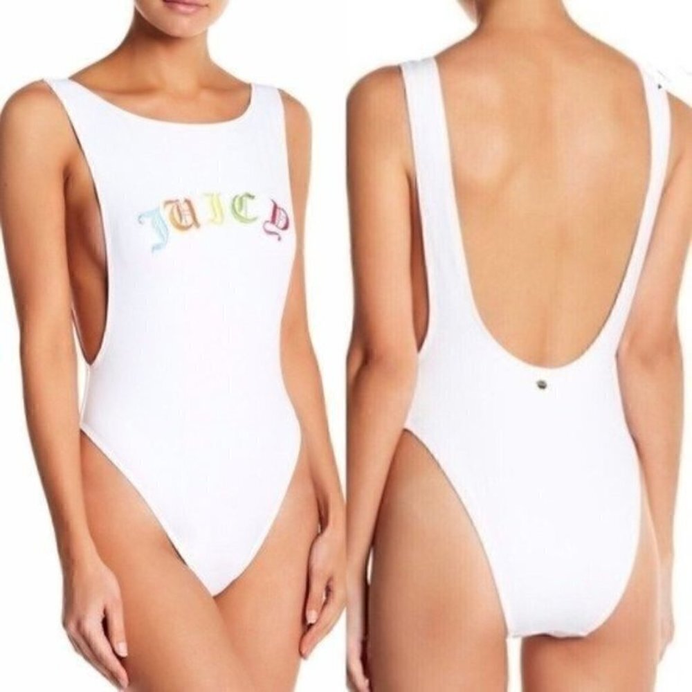 NWT Juicy Couture Logo White One Piece Swimsuit Bathing Suit Size XS Open Back